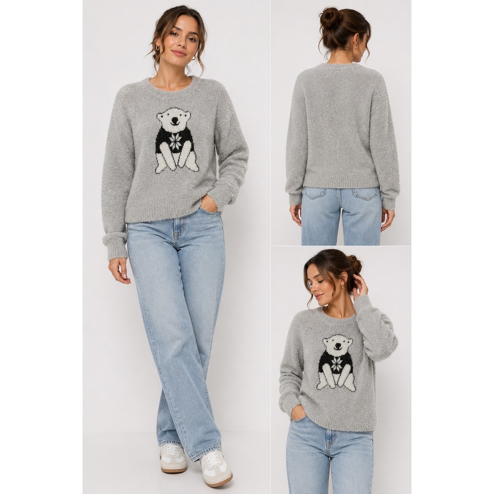 French Laundry Gray & Black Fuzzy Sweater with Polar Bear Design, Size L